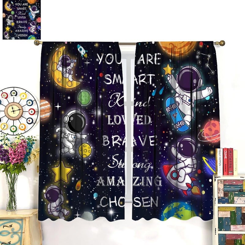 AAVEUP Space Astronaut Blackout Curtains for Kids,Cartoon Universe Galaxy Space Planet Astronaut Inspirational Quotes Learning Window Treatments for Boys Nursery Bedroom Living Room 42x54in - Image 4